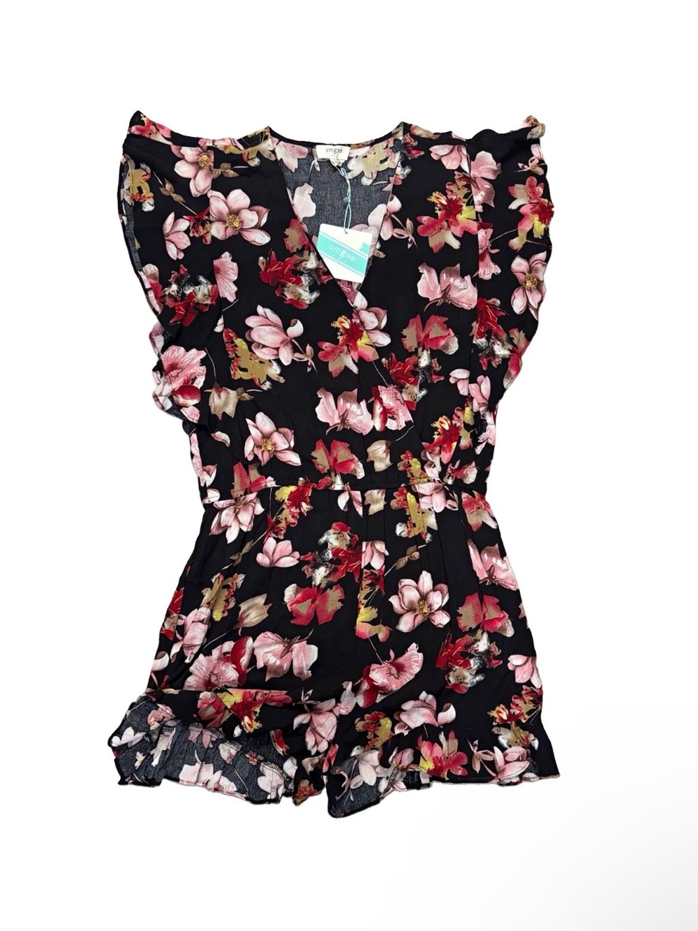 Umgee Women’s Floral V-Neck Ruffle Flutter Sleeve Romper Black Medium